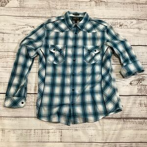 1616. Helix Men’s Western Turquoise Plaid Button-Up Shirt Size XL